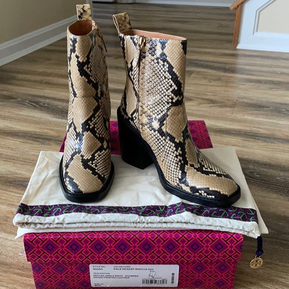 Tory Burch Shoes - Tory Burch Heeled Ankle Boot Stamped Snake Printed Leather Pale Desert Roccia